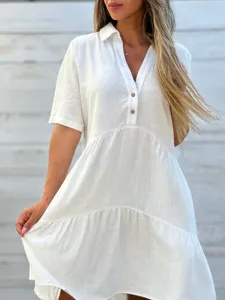 Damen Freizeit Weiß Kurzarm Revers V-Ausschnitt Stufenkleid Einfarbig Sommer Strandkleid