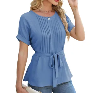 Women casual round neck short sleeve pleated blouse with waist belt stylish summer top