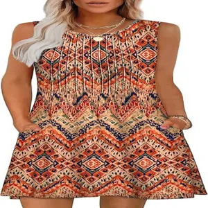 Sleeveless ethnic print mini dress detail, featuring round neck and front pleated design.