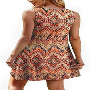 Back view detail of women's sleeveless boho geometric printed mini summer dress.