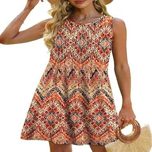 Sleeveless round neck geometric print mini dress casual summer beach wear details showcase.