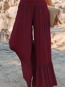High-waist pleated ruffle wide-leg pants detail, casual summer style, solid wine red.