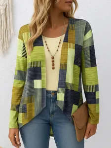 Detailed view of the women's colorful geometric block print long sleeve open front cardigan.
