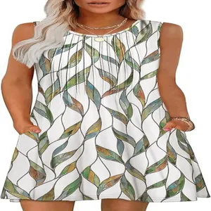 Detail shot of the sleeveless leaf print mini dress featuring a round neck and practical side pockets.