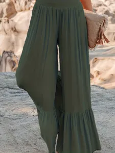 Summer casual long pants featuring high waist, ruffled details, and pleated loose fit.