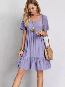 Summer Casual Short Sleeve Tiered Mini Dress V-Neck Flowy Purple Women Dress 2024