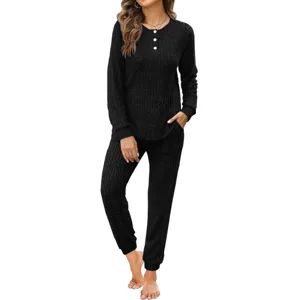 Stylish women ribbed two piece lounge set button up long sleeve top and pocket pants black