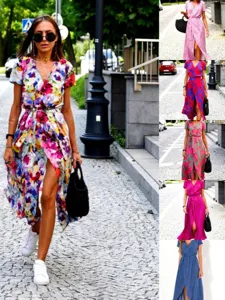 Women's V-Neck Printed Lace-Up Maxi Dress Summer Floral Polka Dot Short Sleeve Streetwear Casual Vacation Dress For Lady