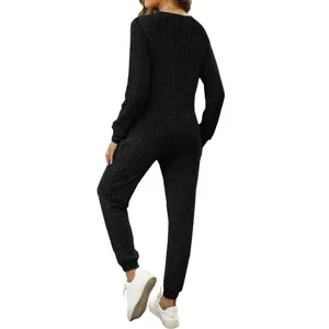 Women black ribbed two piece lounge set long sleeve top and pants detail view, casual activewear