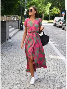 Summer V-neck floral print wrap dress with short sleeves and waist belt for women fashion
