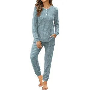 Detailed view of the ribbed knit long sleeve button top and pocket lounge set in grey blue.