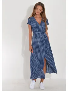 Summer women's V-neck polka dot print wrap short sleeve midi dress with belt casual daily wear