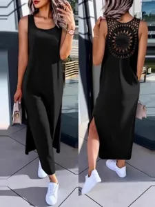 Women's Sleeveless Midi Dress Lace Hollow Out Backless Streetwear Style Side Slit Tank Dress Solid Color Casual Summer Apparel