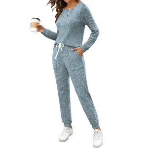 Detailed close up view of the casual ribbed long sleeve top and matching lounge pants set.