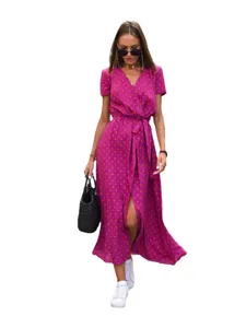 Summer women's v-neck polka dot print wrap dress short sleeve belted casual midi dress