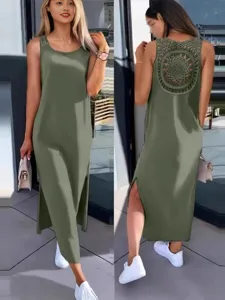 Women summer sleeveless midi dress casual solid color back lace hollow split long vest dress