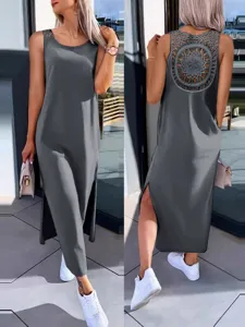 Women sleeveless slit maxi dress casual grey summer back lace hollow long dress