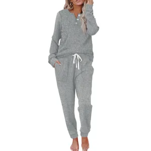 Women ribbed two piece lounge set long sleeve button top drawstring pocket pants comfy casual
