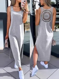 Women Summer Sleeveless Hollow Lace Back Grey Midi Dress Side Split Casual Tank Dress