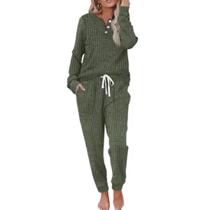 Women long sleeve button ribbed top and pocket drawstring pants two piece lounge set detail.