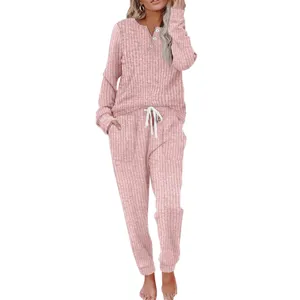 Waffle knit texture, long sleeve top and pants detail, comfortable casual two piece lounge set