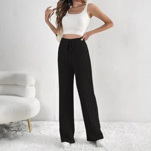 Pantalon large décontracté côtelé pour femme taille haute cordon de serrage confortable