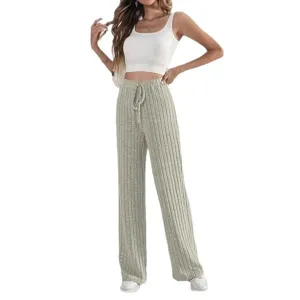 Pantalon large côtété taille haute pour femme décontracté confortable avec cordon de serrage