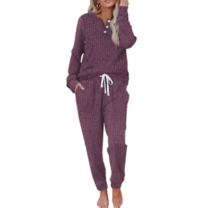 Women casual two piece lounge set ribbed long sleeve button top pocket sweatpants