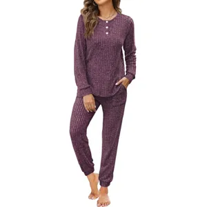 Women ribbed two piece lounge set long sleeve button top pocket pants casual