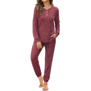 Close-up of the comfortable waffle knit two piece lounge set featuring button detail and pockets.