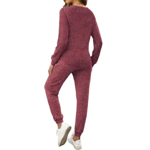 Women casual ribbed two piece set long sleeve top and jogger pants lounge wear activewear