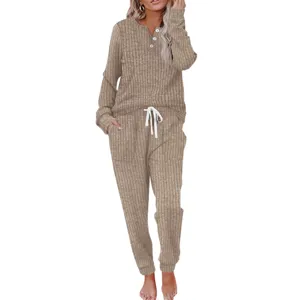 Women Waffle Knit Casual Top And Bottom Set Long Sleeve Button Henley Sweatshirt And Drawstring Pocket Jogger Pants Lounge Set