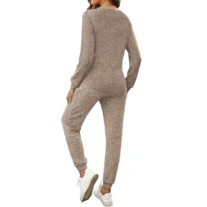 Womens ribbed knit two piece lounge set long sleeve sweatshirt and sweatpants casual outfit