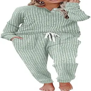 Women two piece lounge set ribbed long sleeve button top drawstring pocket pants green