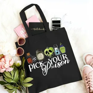 Borsa shopper in tela nera con stampa veleno spettrale, borsa a spalla casual capiente.