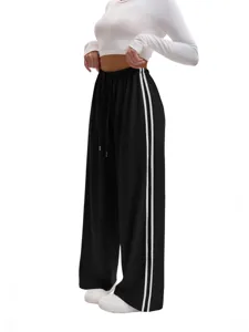 Women casual loose wide leg lounge pants with dual side stripes and adjustable drawstring waist.