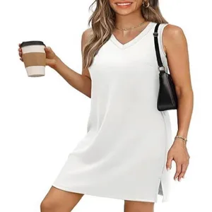 Women V-Neck Sleeveless Solid Color Tank Dress Casual Summer Split Hem Midi Dress