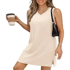 Solid color V-neck sleeveless tank dress with side slit casual summer women's wear