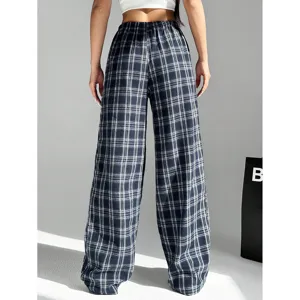 High-waisted plaid wide-leg pants for women, loose casual trousers with classic checkered pattern.