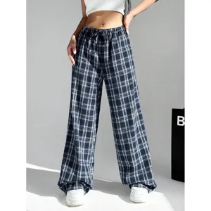 Detailed view of casual plaid wide leg pants for women with comfortable high waist.