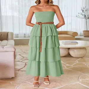 Stylish green strapless tiered maxi dress for women, casual summer long dress with belt.