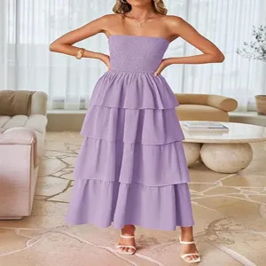 Elegant lavender strapless smocked tiered maxi dress for women summer beach party.