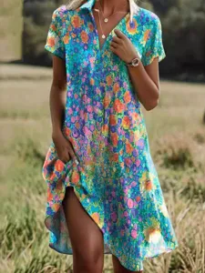 Damen Sommer Blumen Druck Kurzarm V-Ausschnitt Böhmen Maxi Kleid Freizeit Strandkleid