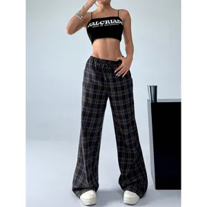 Casual plaid pants for women, loose wide leg trousers with elastic drawstring waist.