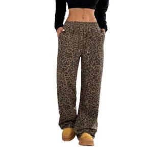 Women leopard print casual pants loose wide leg high waist stylish streetwear trousers