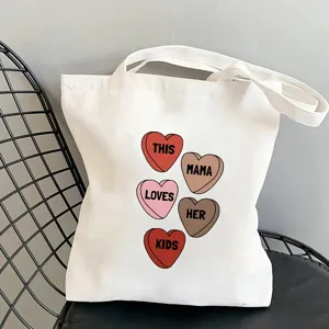 Women Fashion Canvas Tote Bag Heart Letter Printed Reusable Foldable Handbag Casual Daily Shopping Shoulder Bag Travel Groceries Purse