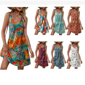 Robe de plage d'été décontractée col V sans manches avec poches pour femmes, robe ample imprimée.