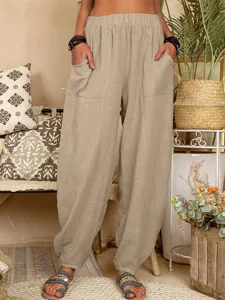 Pantalon de loisirs ample en coton et lin pour femme, taille élastique confortable style harem.
