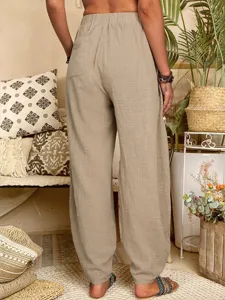 Femme decontractée coton lin pantalon harem taille haute ample confortable boho lounge wear