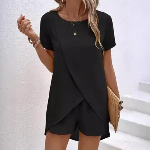 Damen Sommer einfarbig unregelmäßige Saum Kurzarmtop und Shorts zweiteiliges Set